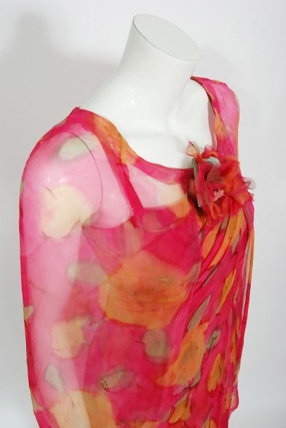 1960's Jean LeFebure Couture Watercolor Floral Silk Chiffon Dress & Cape