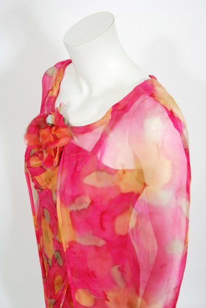 1960's Jean LeFebure Couture Watercolor Floral Silk Chiffon Dress & Cape