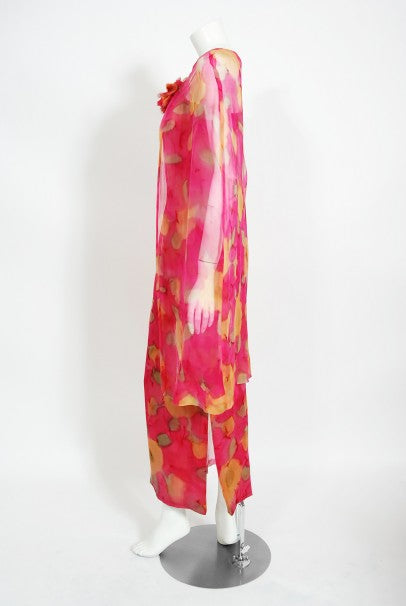 1960's Jean LeFebure Couture Watercolor Floral Silk Chiffon Dress & Cape