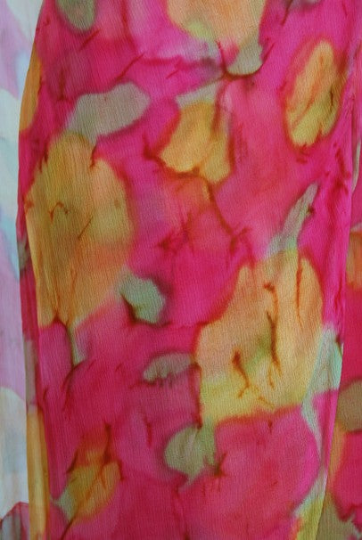 1960's Jean LeFebure Couture Watercolor Floral Silk Chiffon Dress & Cape