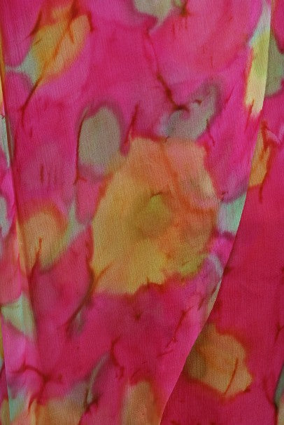 1960's Jean LeFebure Couture Watercolor Floral Silk Chiffon Dress & Cape