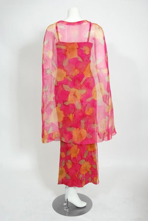 1960's Jean LeFebure Couture Watercolor Floral Silk Chiffon Dress & Cape