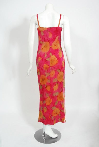 1960's Jean LeFebure Couture Watercolor Floral Silk Chiffon Dress & Cape