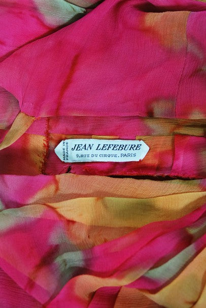 1960's Jean LeFebure Couture Watercolor Floral Silk Chiffon Dress & Cape