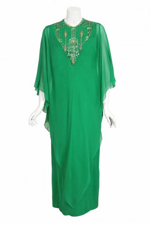 1965 Pierre Cardin Haute Couture Beaded Green Silk Caftan Gown