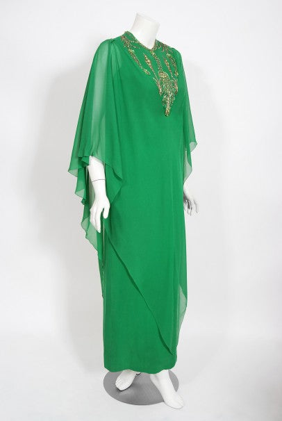 1965 Pierre Cardin Haute Couture Beaded Green Silk Caftan Gown