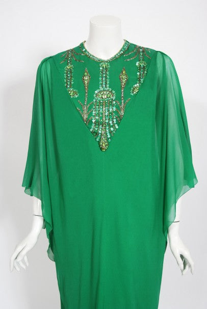 1965 Pierre Cardin Haute Couture Beaded Green Silk Caftan Gown