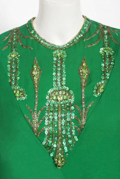 1965 Pierre Cardin Haute Couture Beaded Green Silk Caftan Gown