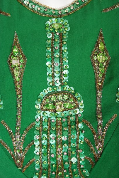 1965 Pierre Cardin Haute Couture Beaded Green Silk Caftan Gown