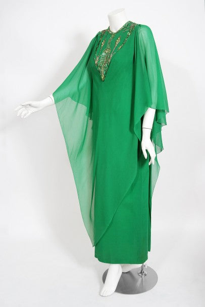 1965 Pierre Cardin Haute Couture Beaded Green Silk Caftan Gown