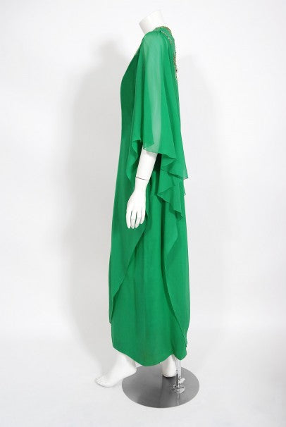 1965 Pierre Cardin Haute Couture Beaded Green Silk Caftan Gown