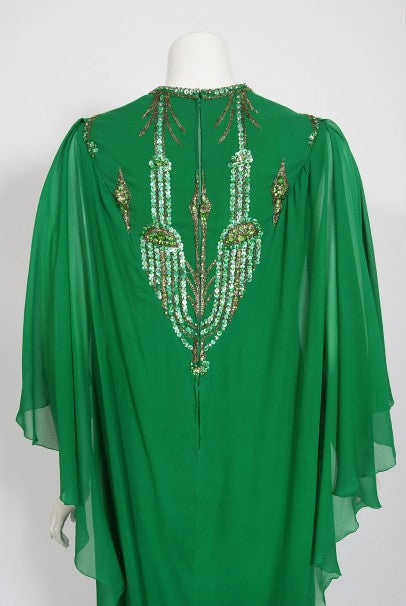 1965 Pierre Cardin Haute Couture Beaded Green Silk Caftan Gown