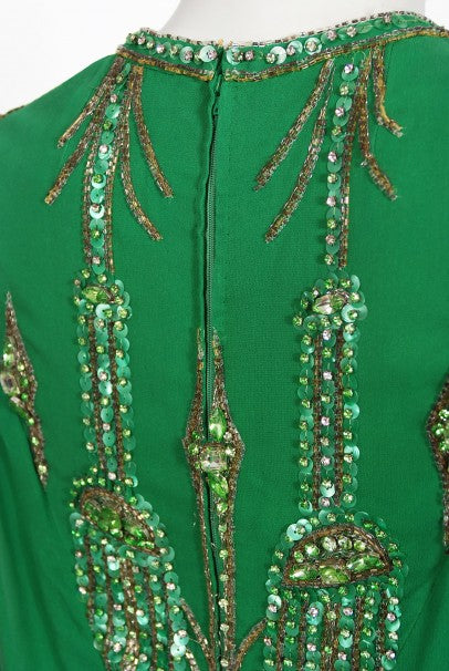 1965 Pierre Cardin Haute Couture Beaded Green Silk Caftan Gown