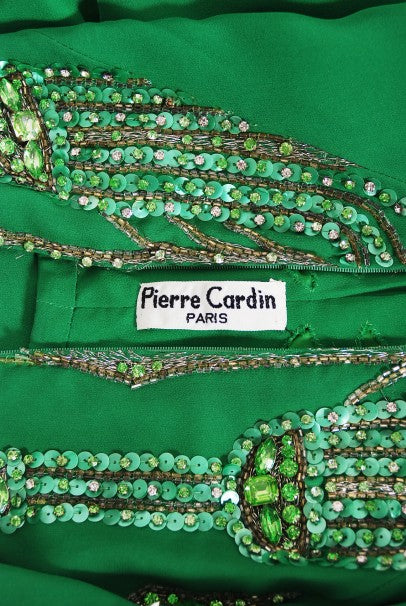 1965 Pierre Cardin Haute Couture Beaded Green Silk Caftan Gown