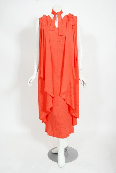 1970&#39;s Philippe Venet Couture Orange Textured Silk Draped Caftan Dress