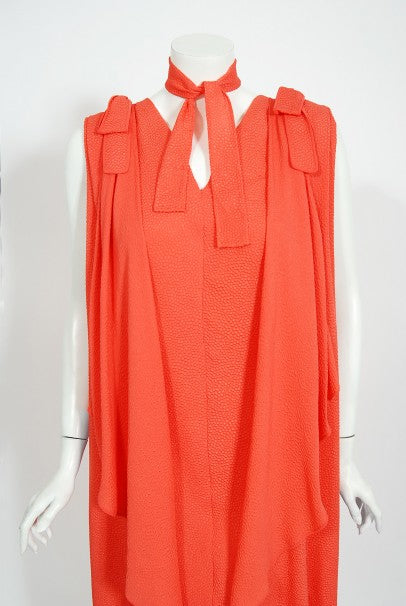1970&#39;s Philippe Venet Couture Orange Textured Silk Draped Caftan Dress