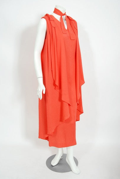 1970&#39;s Philippe Venet Couture Orange Textured Silk Draped Caftan Dress