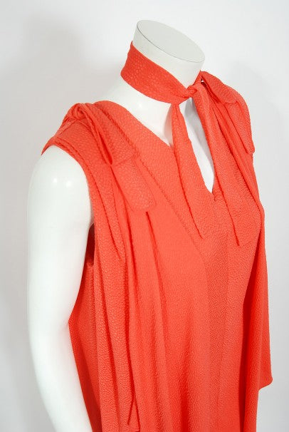 1970&#39;s Philippe Venet Couture Orange Textured Silk Draped Caftan Dress