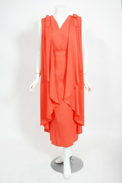 1970&#39;s Philippe Venet Couture Orange Textured Silk Draped Caftan Dress