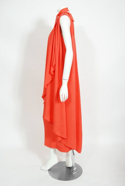 1970&#39;s Philippe Venet Couture Orange Textured Silk Draped Caftan Dress