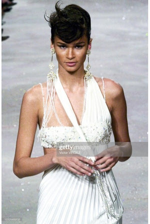 2000 Ungaro Haute Couture Crystal Beaded Asymmetric Cut-Out Ivory Silk Gown