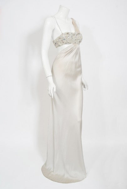 2000 Ungaro Haute Couture Crystal Beaded Asymmetric Cut-Out Ivory Silk Gown