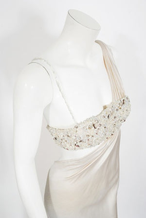 2000 Ungaro Haute Couture Crystal Beaded Asymmetric Cut-Out Ivory Silk Gown