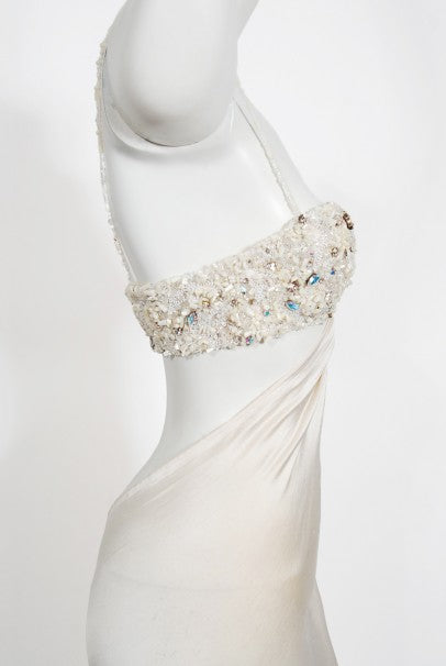 2000 Ungaro Haute Couture Crystal Beaded Asymmetric Cut-Out Ivory Silk Gown