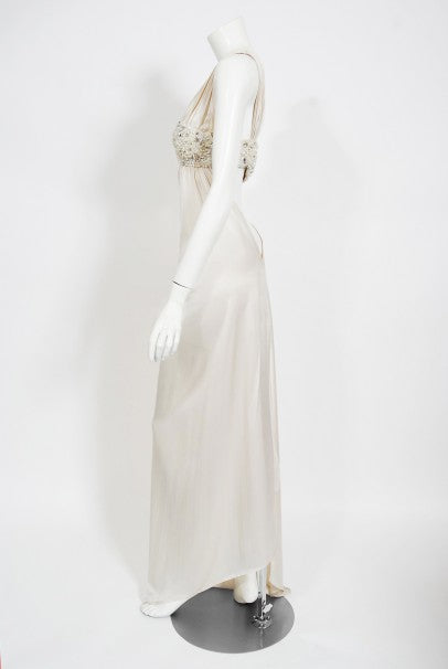 2000 Ungaro Haute Couture Crystal Beaded Asymmetric Cut-Out Ivory Silk Gown