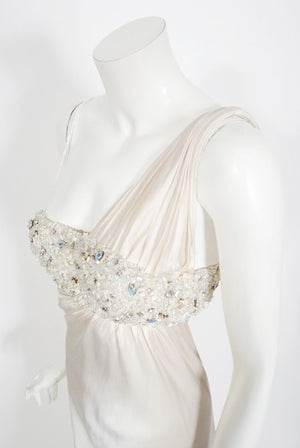 2000 Ungaro Haute Couture Crystal Beaded Asymmetric Cut-Out Ivory Silk Gown