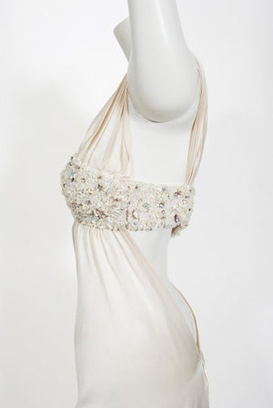 2000 Ungaro Haute Couture Crystal Beaded Asymmetric Cut-Out Ivory Silk Gown