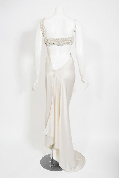 2000 Ungaro Haute Couture Crystal Beaded Asymmetric Cut-Out Ivory Silk Gown