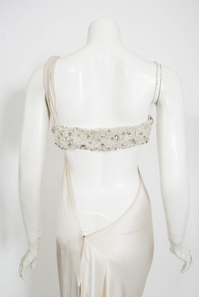 2000 Ungaro Haute Couture Crystal Beaded Asymmetric Cut-Out Ivory Silk Gown