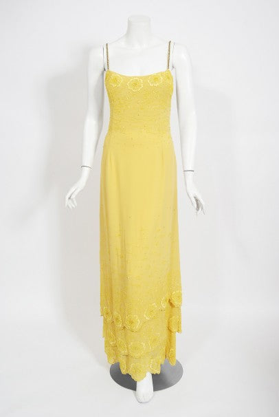 1998 Versace Couture Beaded Yellow Silk Chiffon Hourglass Gown &amp; Wrap