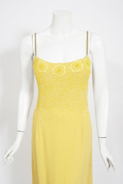 1998 Versace Couture Beaded Yellow Silk Chiffon Hourglass Gown &amp; Wrap