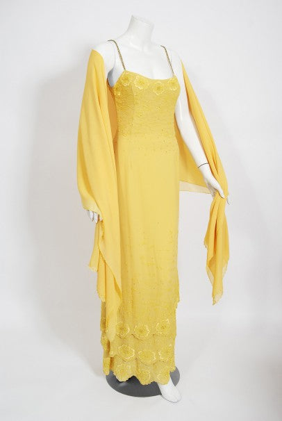 1998 Versace Couture Beaded Yellow Silk Chiffon Hourglass Gown &amp; Wrap