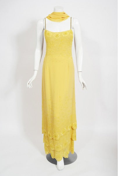 1998 Versace Couture Beaded Yellow Silk Chiffon Hourglass Gown &amp; Wrap