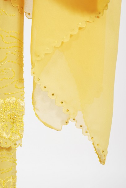 1998 Versace Couture Beaded Yellow Silk Chiffon Hourglass Gown &amp; Wrap