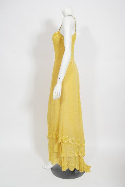 1998 Versace Couture Beaded Yellow Silk Chiffon Hourglass Gown &amp; Wrap