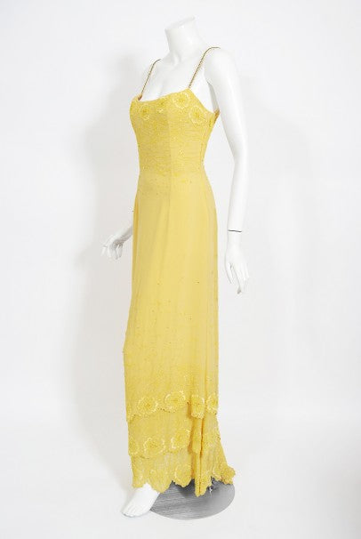 1998 Versace Couture Beaded Yellow Silk Chiffon Hourglass Gown &amp; Wrap