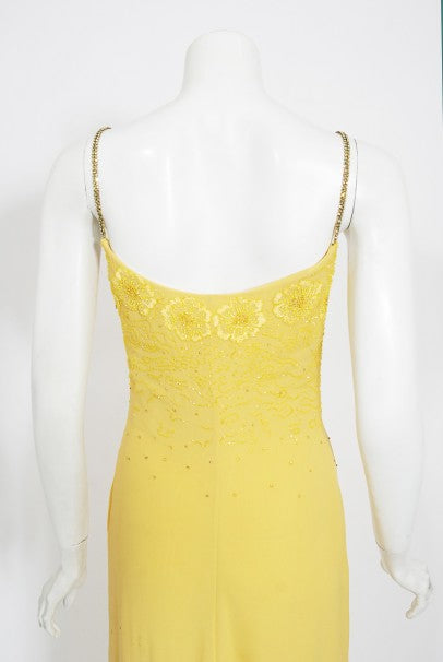 1998 Versace Couture Beaded Yellow Silk Chiffon Hourglass Gown &amp; Wrap