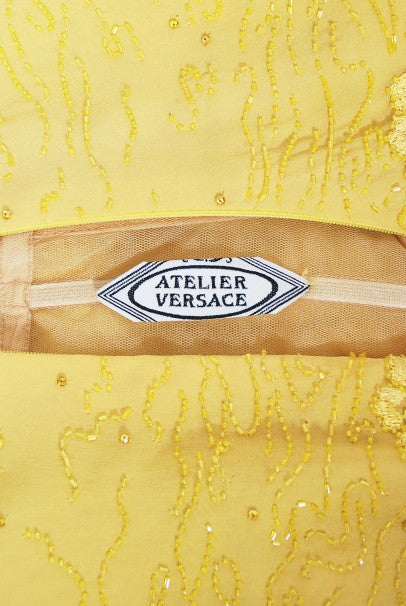 1998 Versace Couture Beaded Yellow Silk Chiffon Hourglass Gown &amp; Wrap