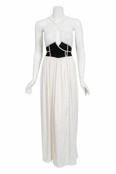 1970&#39;s Bill Gibb White Eyelet Cotton &amp; Jersey Low Plunge Maxi Wrap Dress