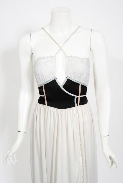 1970&#39;s Bill Gibb White Eyelet Cotton &amp; Jersey Low Plunge Maxi Wrap Dress