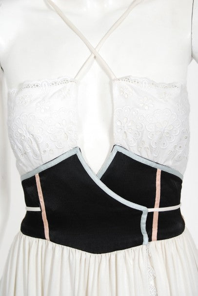 1970&#39;s Bill Gibb White Eyelet Cotton &amp; Jersey Low Plunge Maxi Wrap Dress