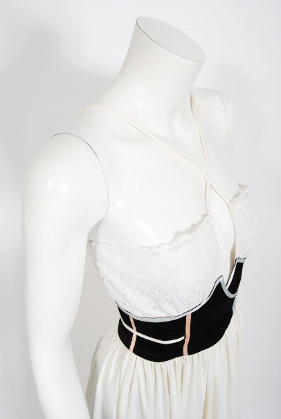 1970&#39;s Bill Gibb White Eyelet Cotton &amp; Jersey Low Plunge Maxi Wrap Dress