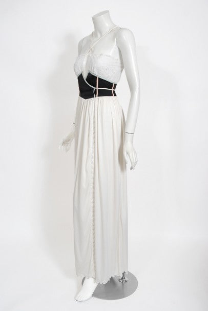 1970&#39;s Bill Gibb White Eyelet Cotton &amp; Jersey Low Plunge Maxi Wrap Dress