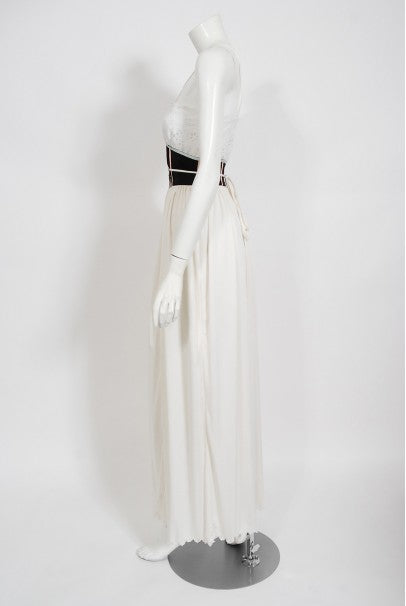 1970&#39;s Bill Gibb White Eyelet Cotton &amp; Jersey Low Plunge Maxi Wrap Dress