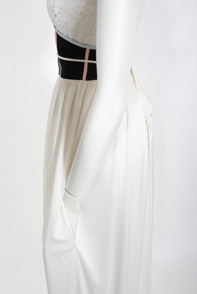 1970&#39;s Bill Gibb White Eyelet Cotton &amp; Jersey Low Plunge Maxi Wrap Dress