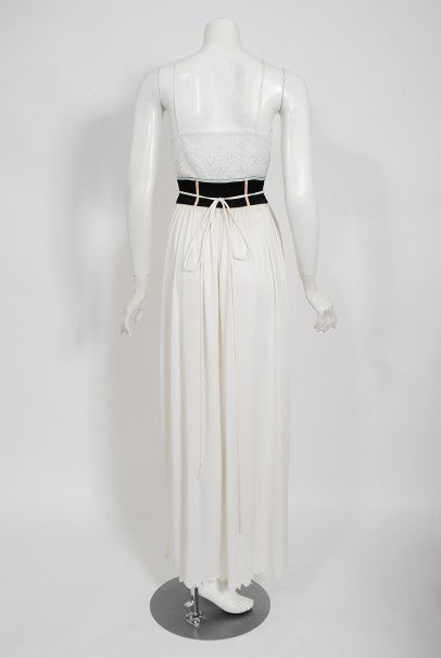 1970&#39;s Bill Gibb White Eyelet Cotton &amp; Jersey Low Plunge Maxi Wrap Dress
